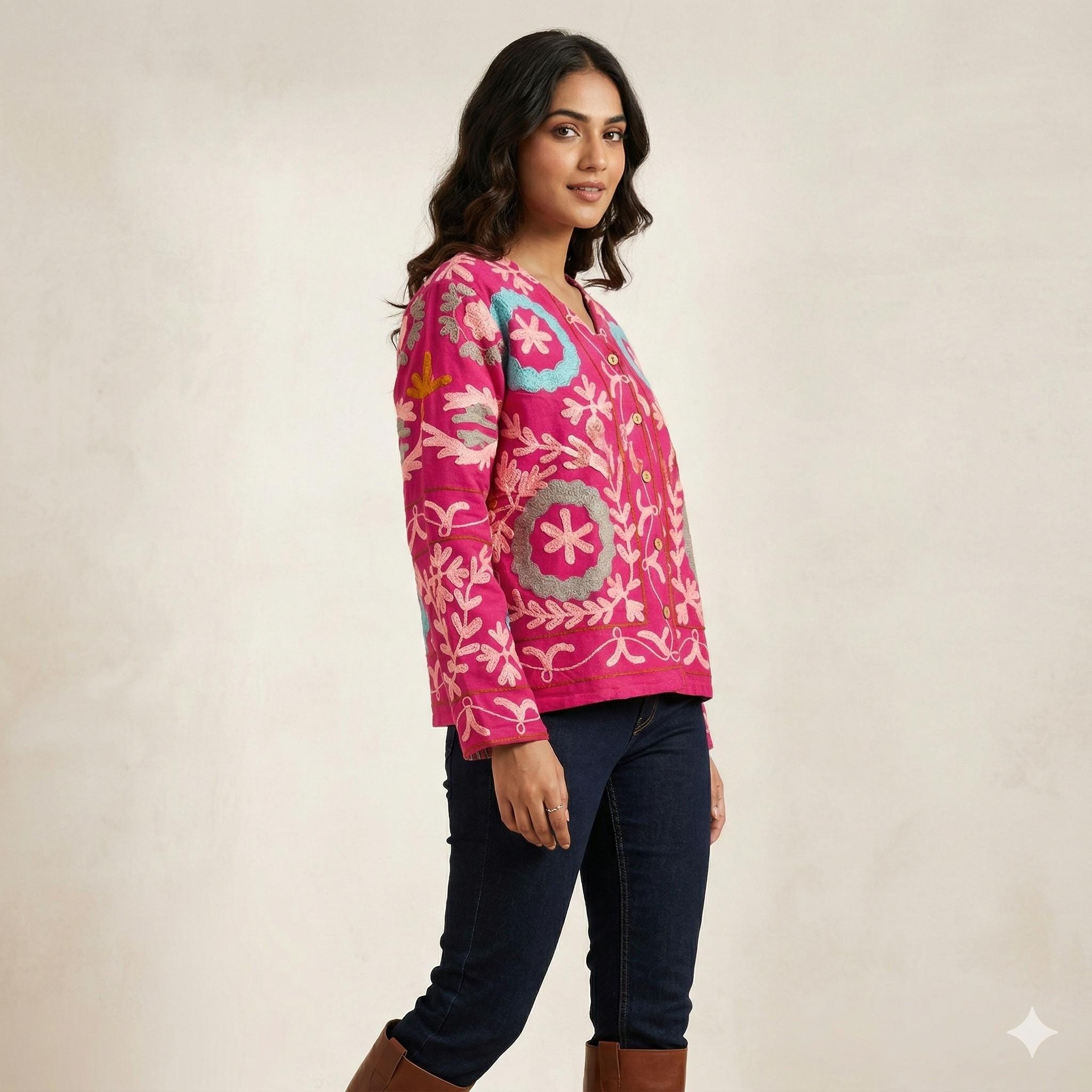 Pink Handmade Floral Red Velvet Suzani Embroidered Jacket Bohozani