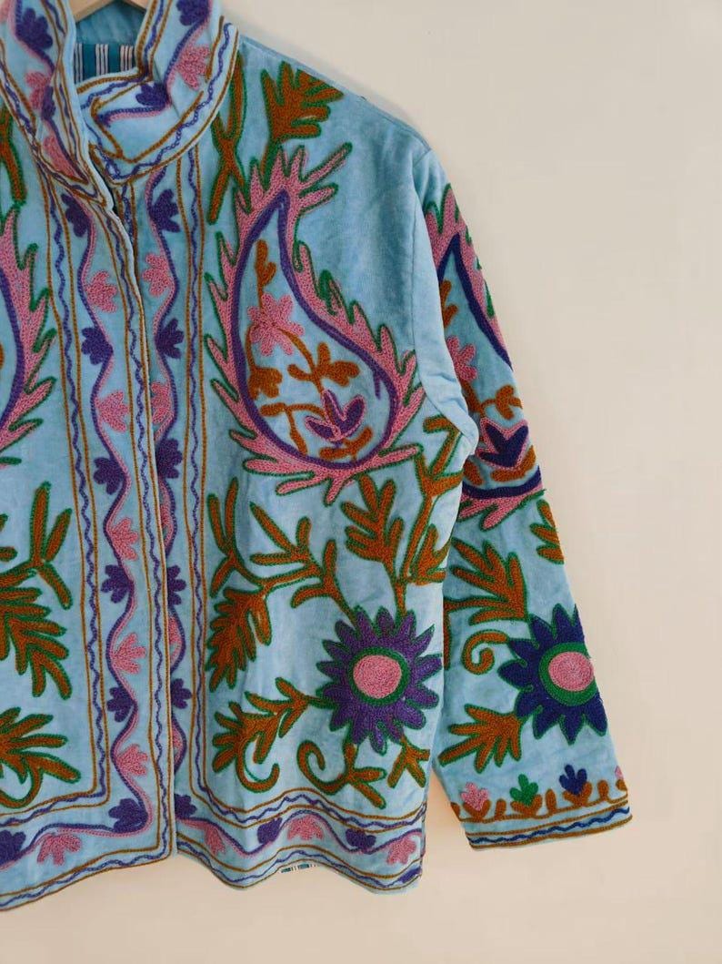 Velvet Suzani Embroidered Jacket | Lightly Padded Cropped Outerwear | Boho Floral Style Bohozani