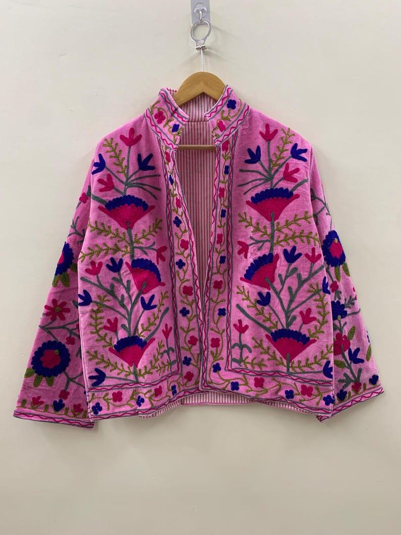 Unique Handmade Floral Pink Velvet Suzani Embroidered Jacket Bohozani