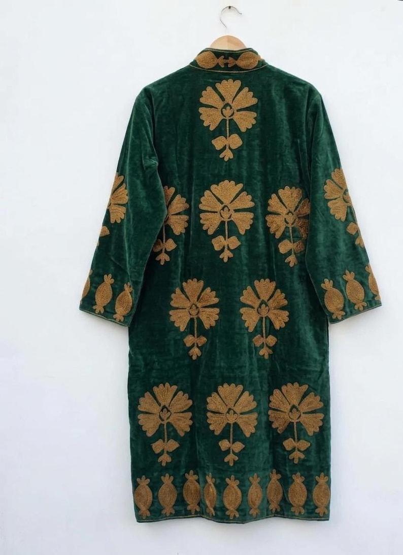 Green Velvet Suzani Kimono Jacket | Hand-Embroidered Boho Coat, Uzbek Duster, Belted Kaftan Robe Bohozani
