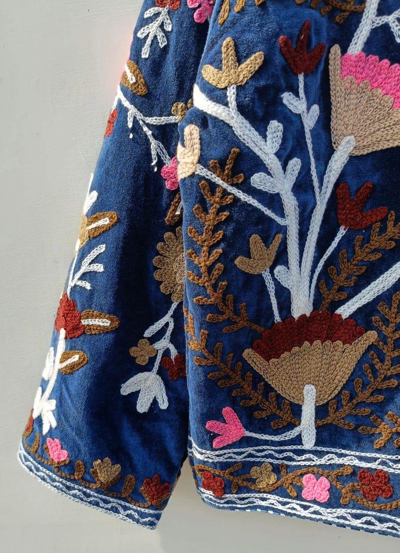 Hand-Embroidered Velvet Suzani Jacket, Floral Boho Cropped Outerwear Bohozani