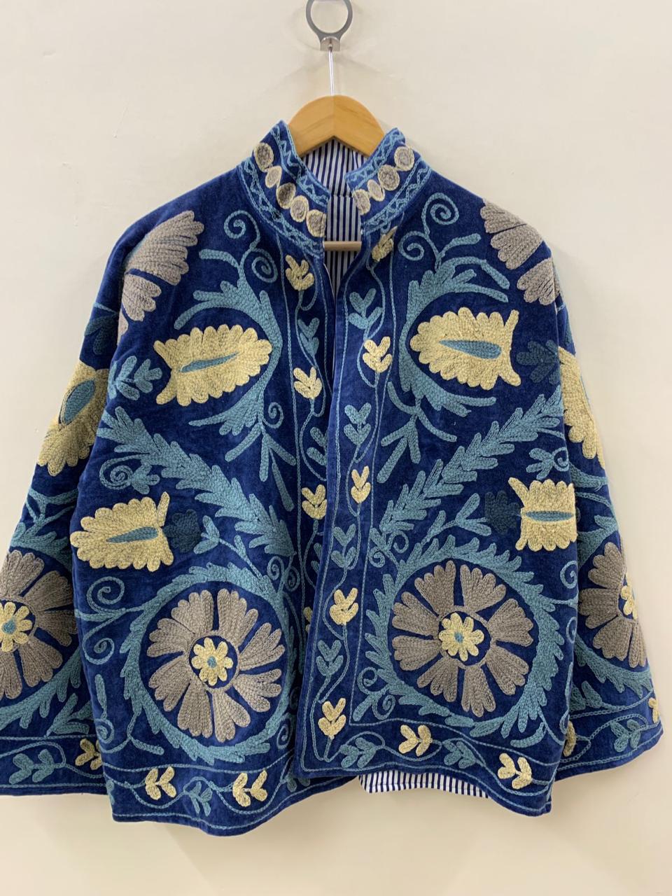 Antique Blue Color Velvet Suzani Jacket – Hand-Embroidered Boho Ethnic Kimono Outerwear Bohozani