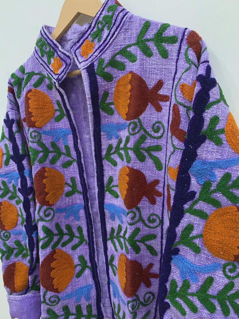 Embroidered Cotton Velvet Jacket | Floral Folk Art Boho Style Coat Bohozani