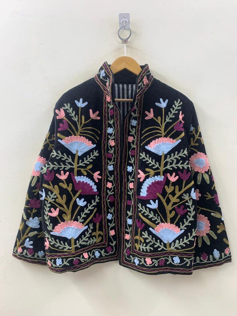 Grey Hand Embroidered Velvet Suzani Jacket – Vintage-Inspired Artisan Coat-Gift For Her Bohozani