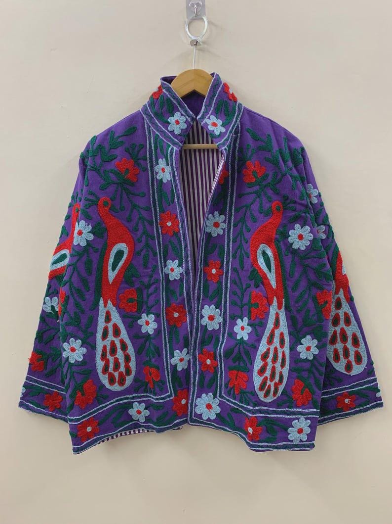 Purple Velvet Suzani Embroidered Jacket | Peacock Floral Coat Bohozani