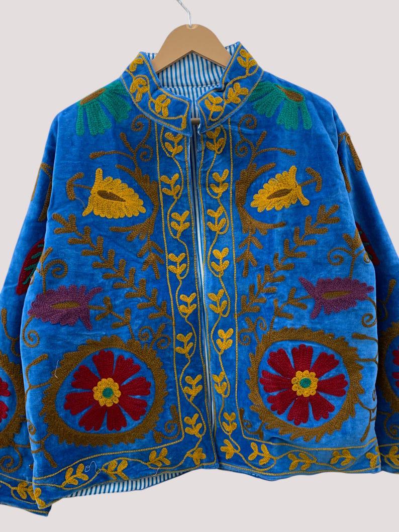 Velvet Blue Suzani Jacket – Hand-Embroidered Boho Ethnic Kimono Outerwear Bohozani