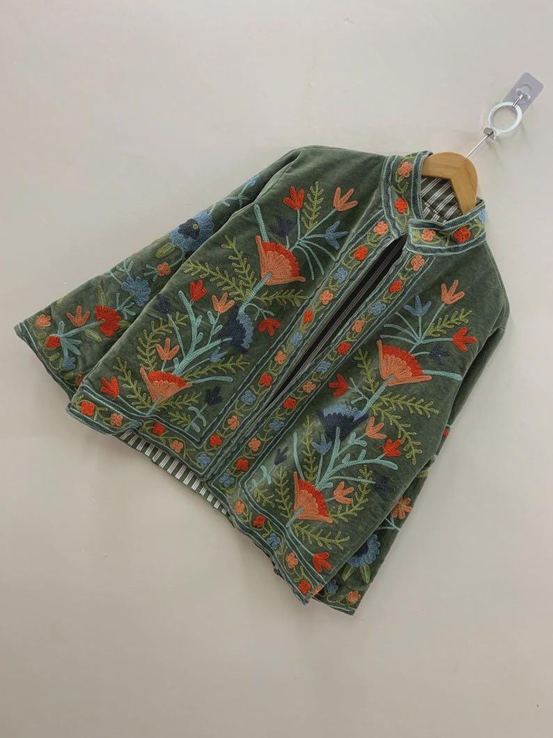 NEW COLLECTION Green Hand-Embroidered Velvet Suzani Jacket – Boho Ethnic Kimono Outerwear Gifr For Mom Bohozani