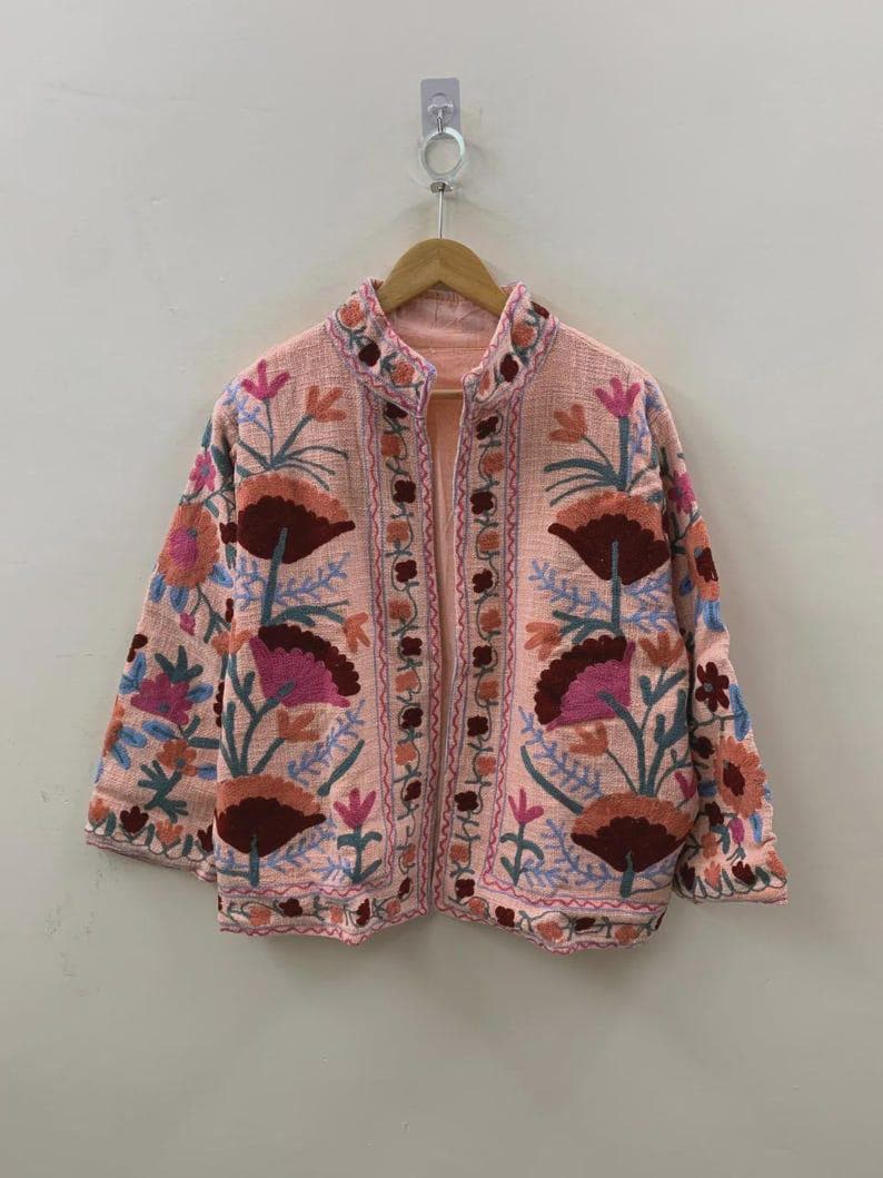 Embroidered Cotton Velvet Jacket | Floral Folk Art Boho Outerwear Bohozani
