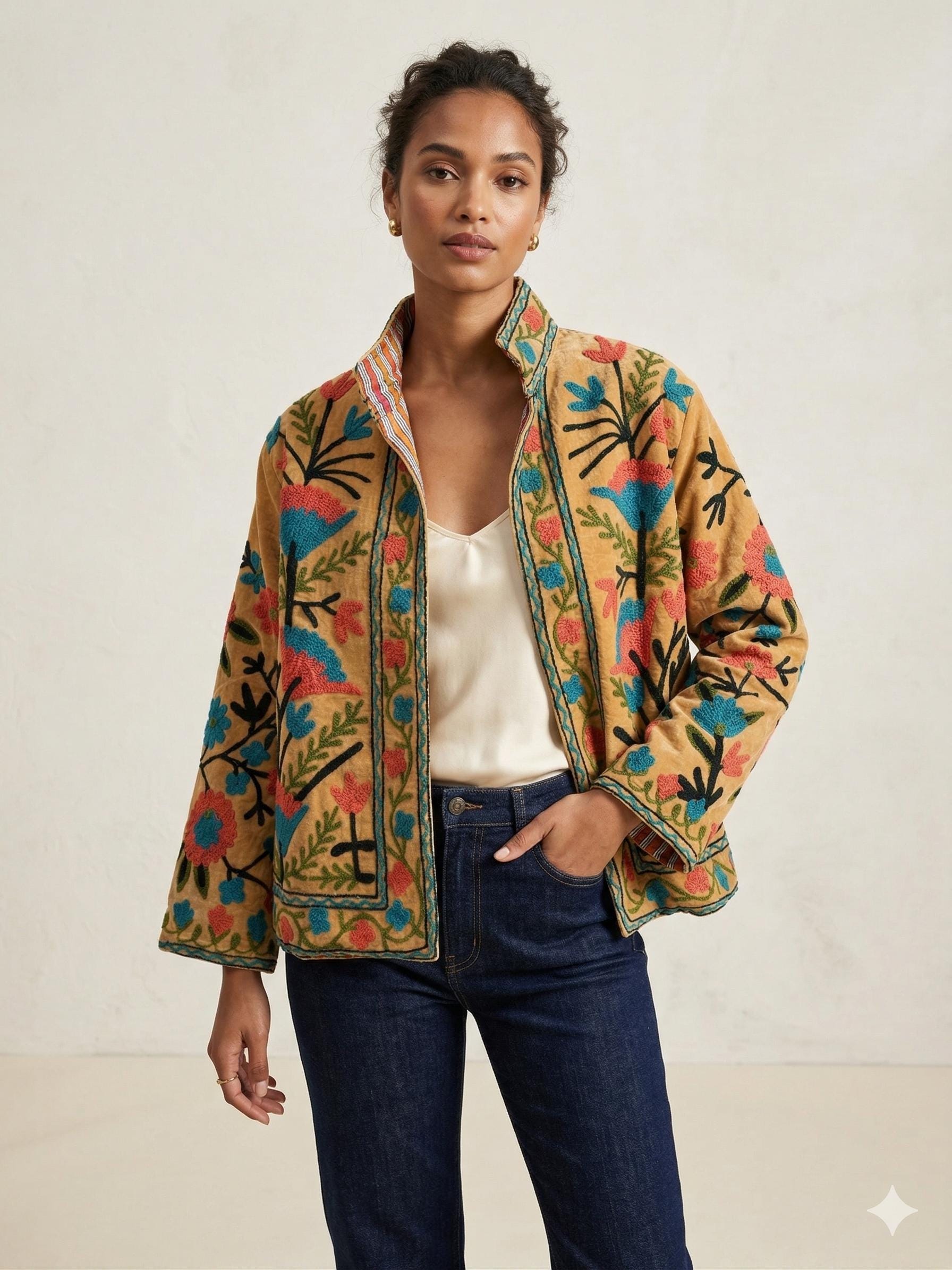 Yellow Velvet Suzani Jacket – Hand-Embroidered Boho Ethnic Kimono Outerwear Bohozani