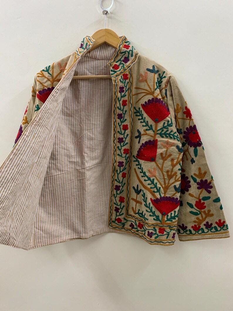 Beige Velvet Suzani Floral Embroidered Jacket | Boho Cropped Outerwear Bohozani