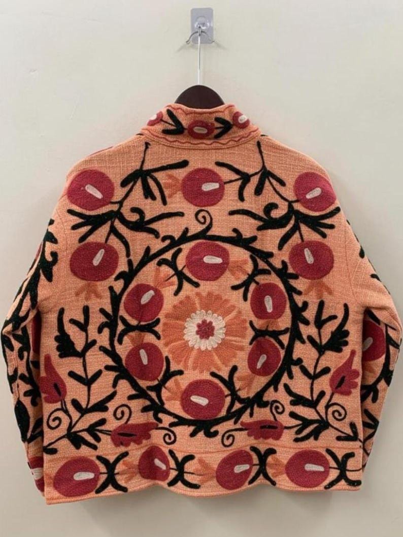 Embroidered Cotton Velvet Suzani Jacket, Floral Folk Art Boho Coat Bohozani