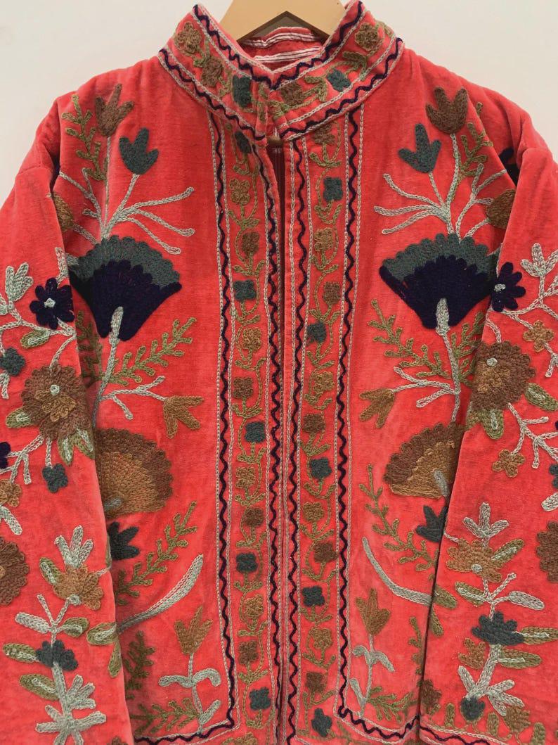 Red Embroidered Velvet Suzani Jacket | Cropped Bohemian Coat |Gift For Her Bohozani