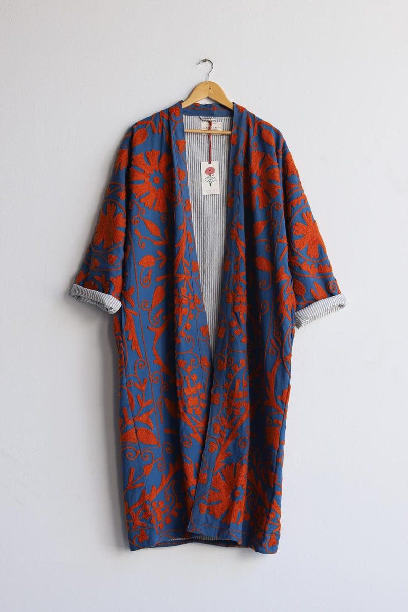 Blue Hand Embroidered Suzani Kaftan – Organic Cotton Boho Kimono Coat Bohozani
