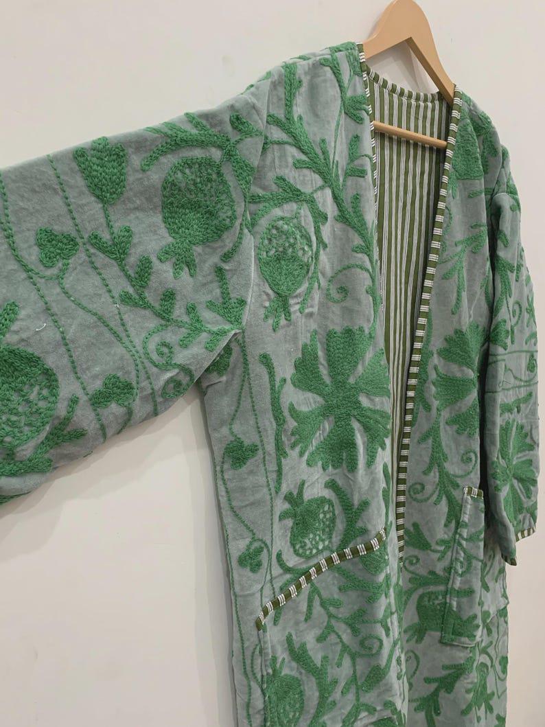 Hand-Embroidered Velvet Kimono Robe | Green Floral Boho Uzbek Duster Jacket Bohozani