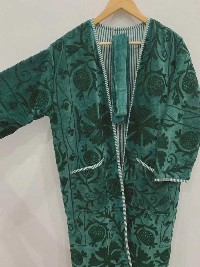 Hand-Embroidered Velvet Suzani Kimono Robe | Boho Floral Uzbek Duster Jacket Bohozani