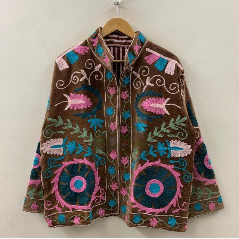 Handmade Suzani Velvet Cropped Jacket | Embroidered Floral Bohemian Coat |Gift For Her Bohozani