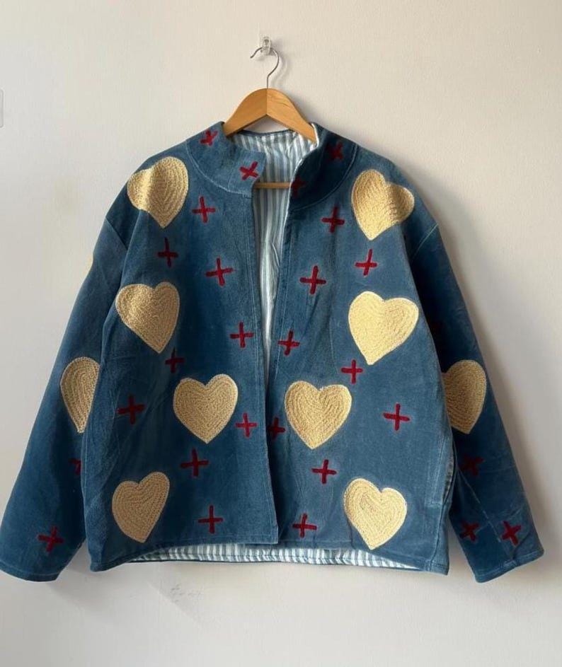 Handmade Suzani Velvet Jacket | Blue Boho Embroidered Heart Coat Bohozani