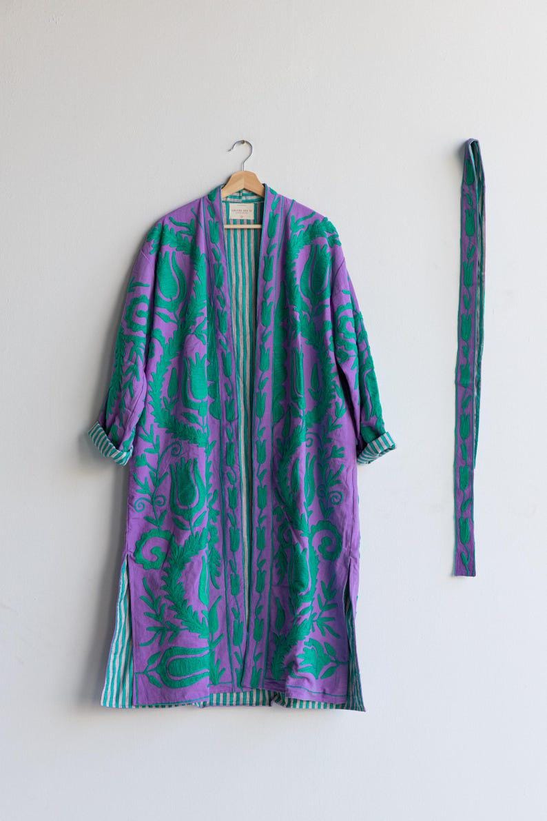 Purple Hand Embroidered Suzani Kaftan – Organic Cotton Boho Kimono Coat Bohozani
