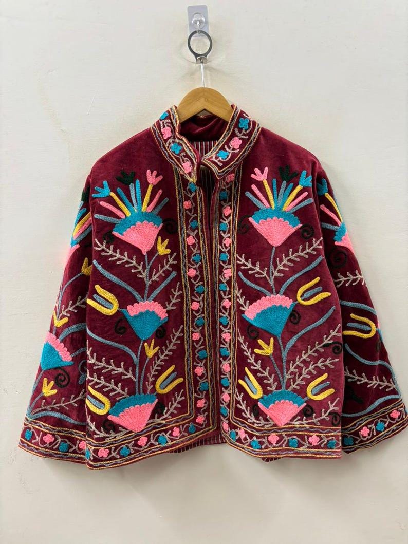 Handmade Wine Velvet Suzani Embroidered Jacket Bohozani