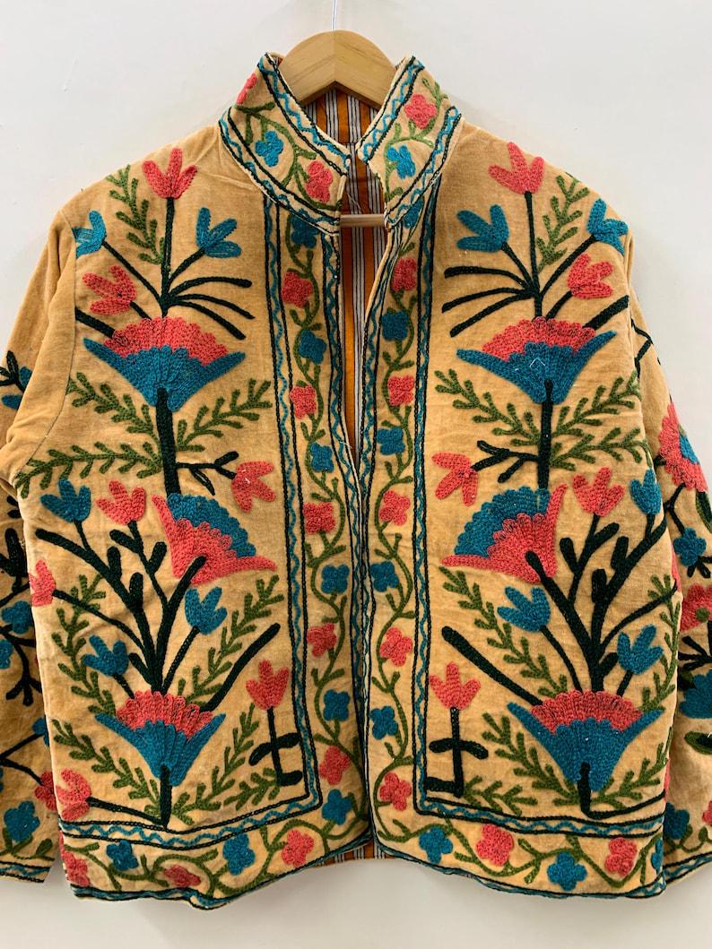 Yellow Velvet Suzani Jacket – Hand-Embroidered Boho Ethnic Kimono Outerwear Bohozani