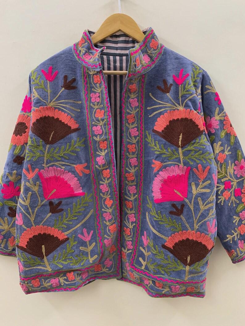 Velvet Suzani Floral Embroidered Jacket | Boho Cropped Outerwear Bohozani