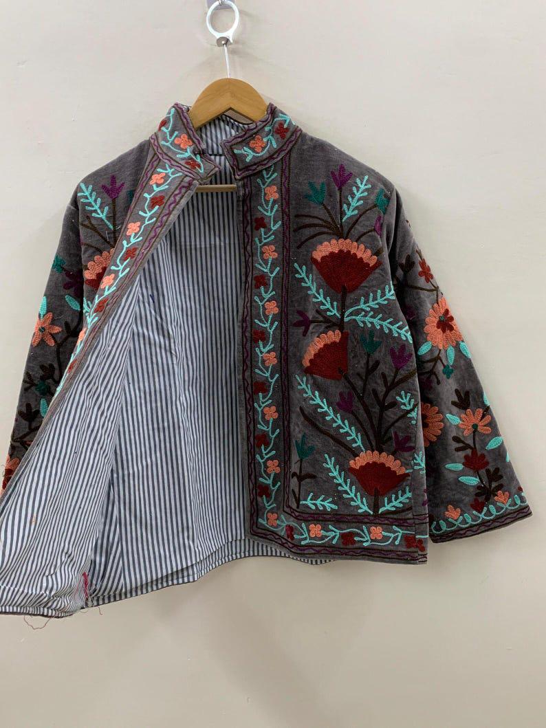 Velvet Suzani Floral Jacket | Hand-Embroidered Cropped Boho Outerwear Bohozani