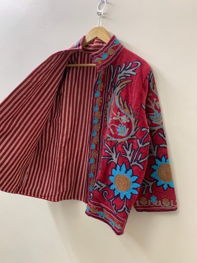 Handmade Velvet Suzani Jacket | Embroidered Floral Uzbek Outerwear Bohozani
