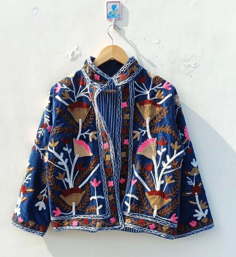 Hand-Embroidered Velvet Suzani Jacket, Floral Boho Cropped Outerwear Bohozani