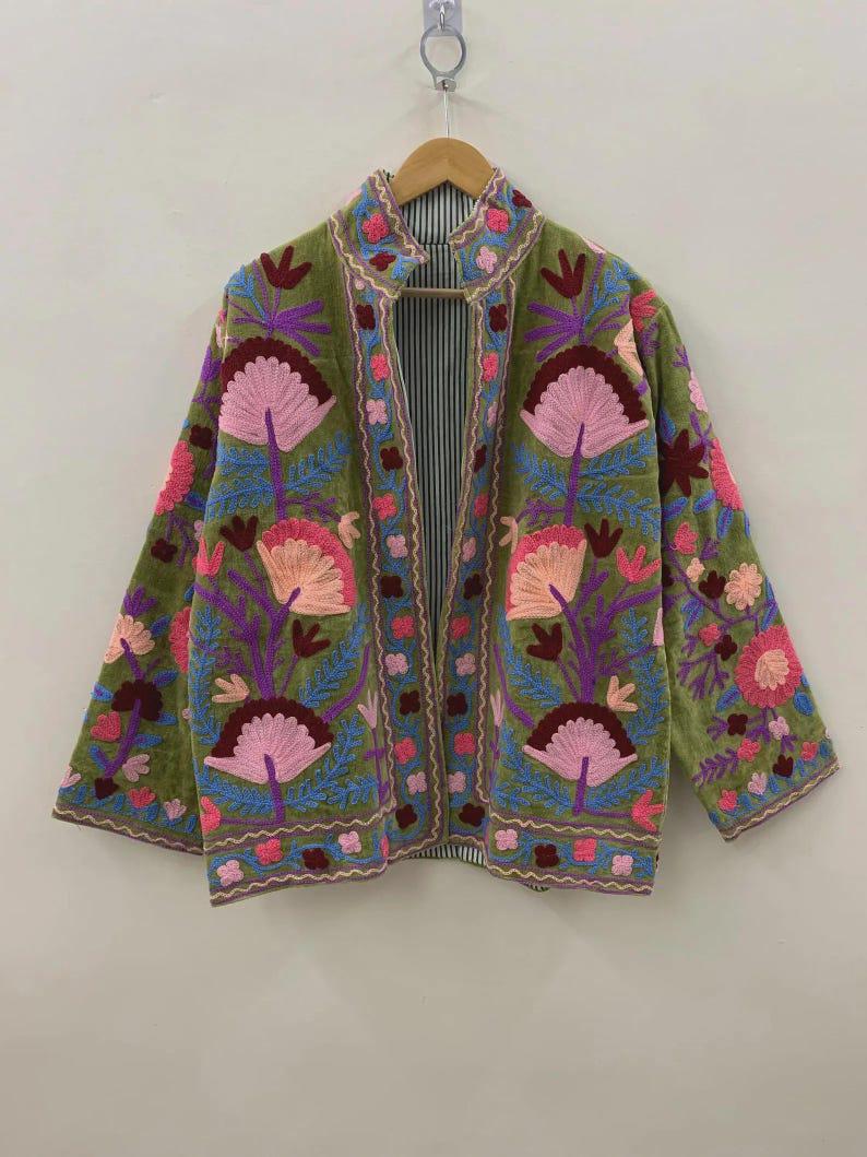 Velvet Suzani Embroidered Kimono Jacket | Boho Artisan Outerwear For Women Bohozani