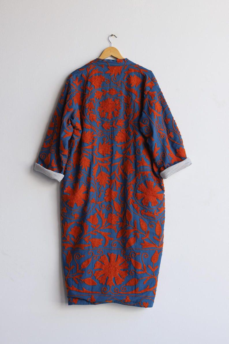 Blue Hand Embroidered Suzani Kaftan – Organic Cotton Boho Kimono Coat Bohozani