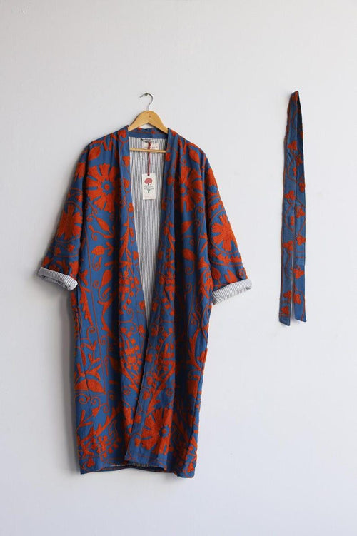 Blue Hand Embroidered Suzani Kaftan – Organic Cotton Boho Kimono Coat Bohozani