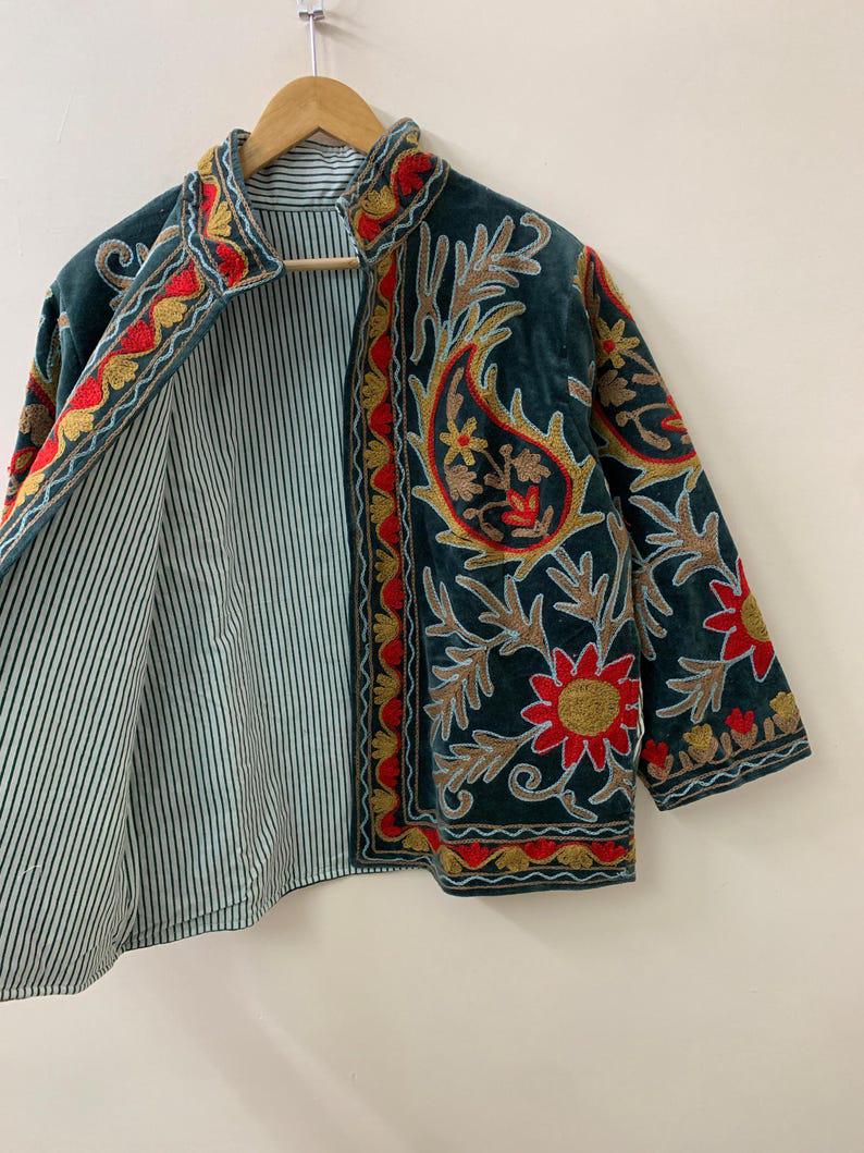 Embroidered Velvet Suzani Jacket | Uzbek Floral Outerwear, Cropped Boho Style Bohozani