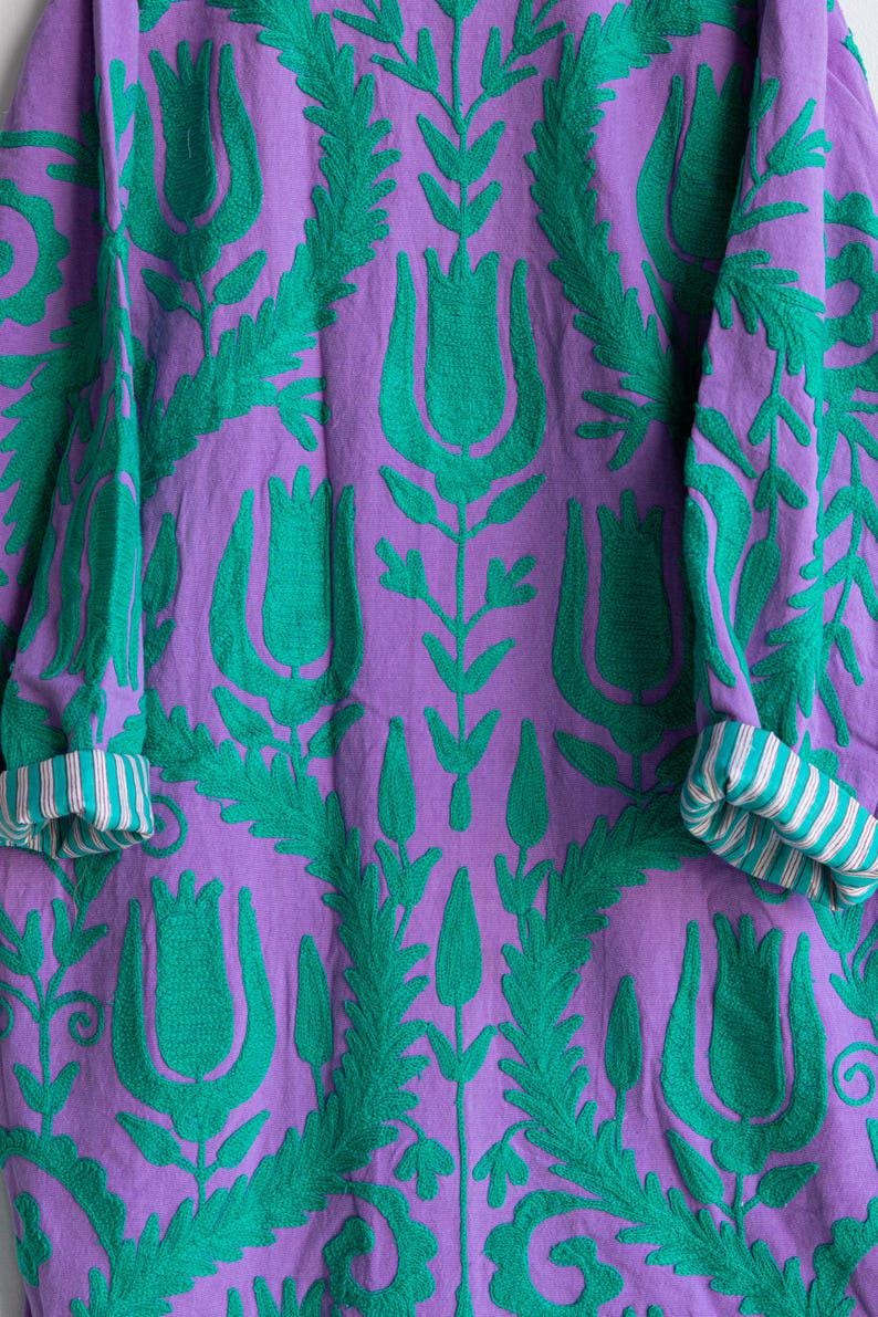 Blue Hand Embroidered Suzani Kaftan – Organic Cotton Boho Kimono Coat Bohozani