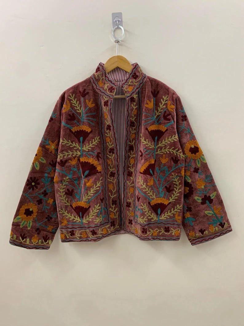 Velvet Suzani Embroidered Kimono Jacket | Boho Outerwear Bohozani