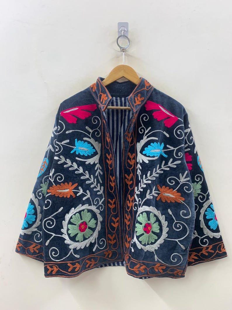 Grey Handmade Suzani Velvet Jacket, Embroidered Floral Coat Bohozani