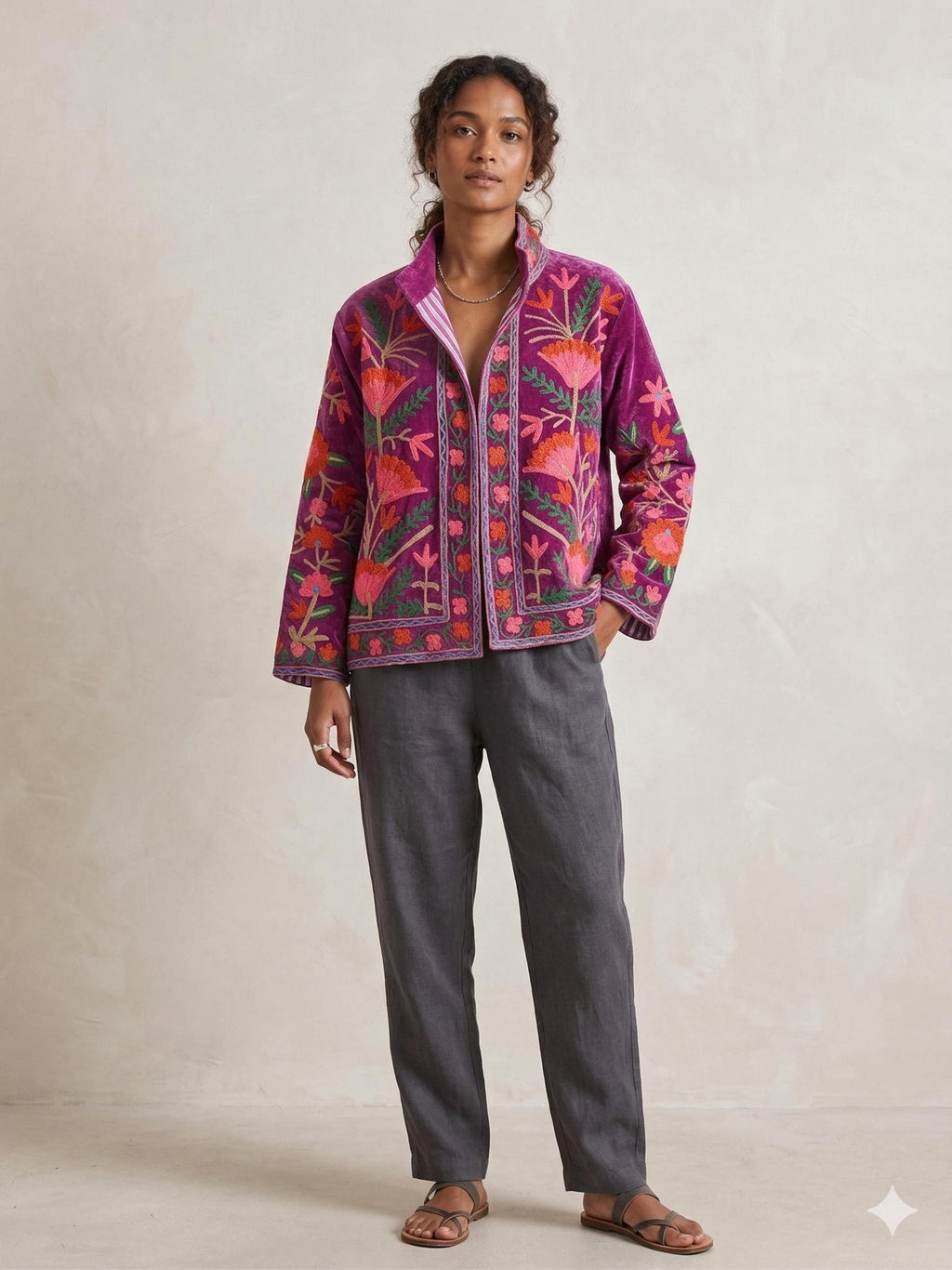 Coachella Festival Style Girl Jean Jacket, The Back is Decorated with Embroidered Rose Flower Patterns Bohozani
