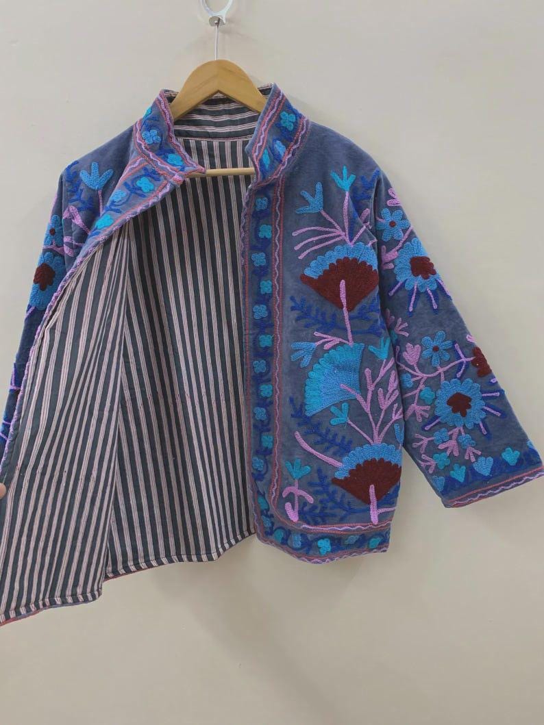 NEW COLLECTION Blue Hand-Embroidered Velvet Suzani Jacket – Boho Ethnic Kimono Outerwear Mother's Day Gift Bohozani