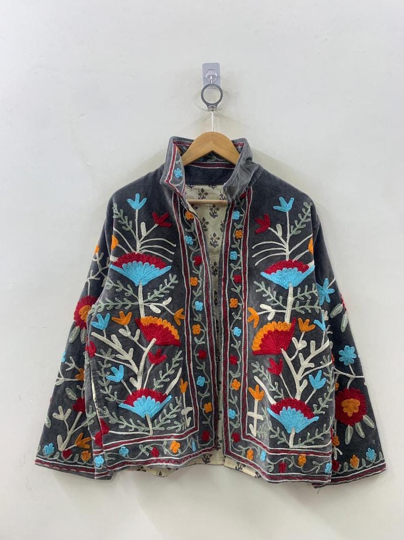Floral Hand Embroidered Velvet Suzani Coat | Duster Boho Jacket | Gift For Her Bohozani