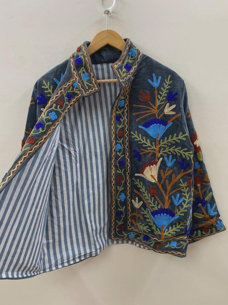 Grey Floral Velvet Suzani Jacket – Hand-Embroidered Boho Ethnic Kimono Outerwear Bohozani