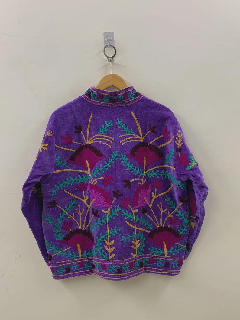 Purple Suzani Velvet Jacket, Hand-Embroidered Boho Ethnic Outerwear Bohozani