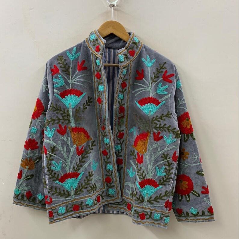 Grey Suzani Velvet Jacket | Embroidered Floral Folk Art Coat Bohozani