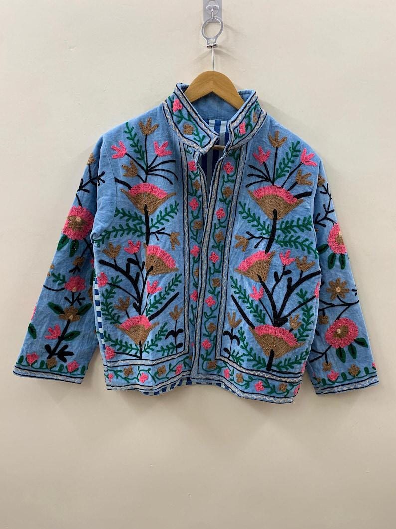 Blue Color Velvet Suzani Jacket – Hand-Embroidered Boho Ethnic Kimono Outerwear Bohozani