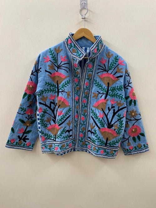 Blue Color Velvet Suzani Jacket – Hand-Embroidered Boho Ethnic Kimono Outerwear Bohozani
