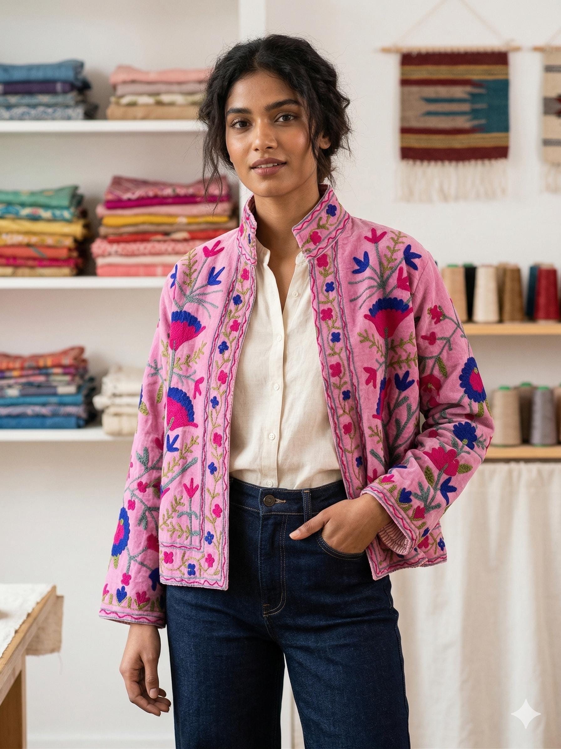 Unique Handmade Floral Pink Velvet Suzani Embroidered Jacket Bohozani