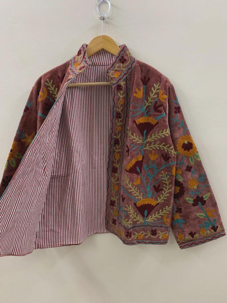 Suzani Embroidered Velvet Jacket | Handmade Cropped Bohemian Outerwear Bohozani