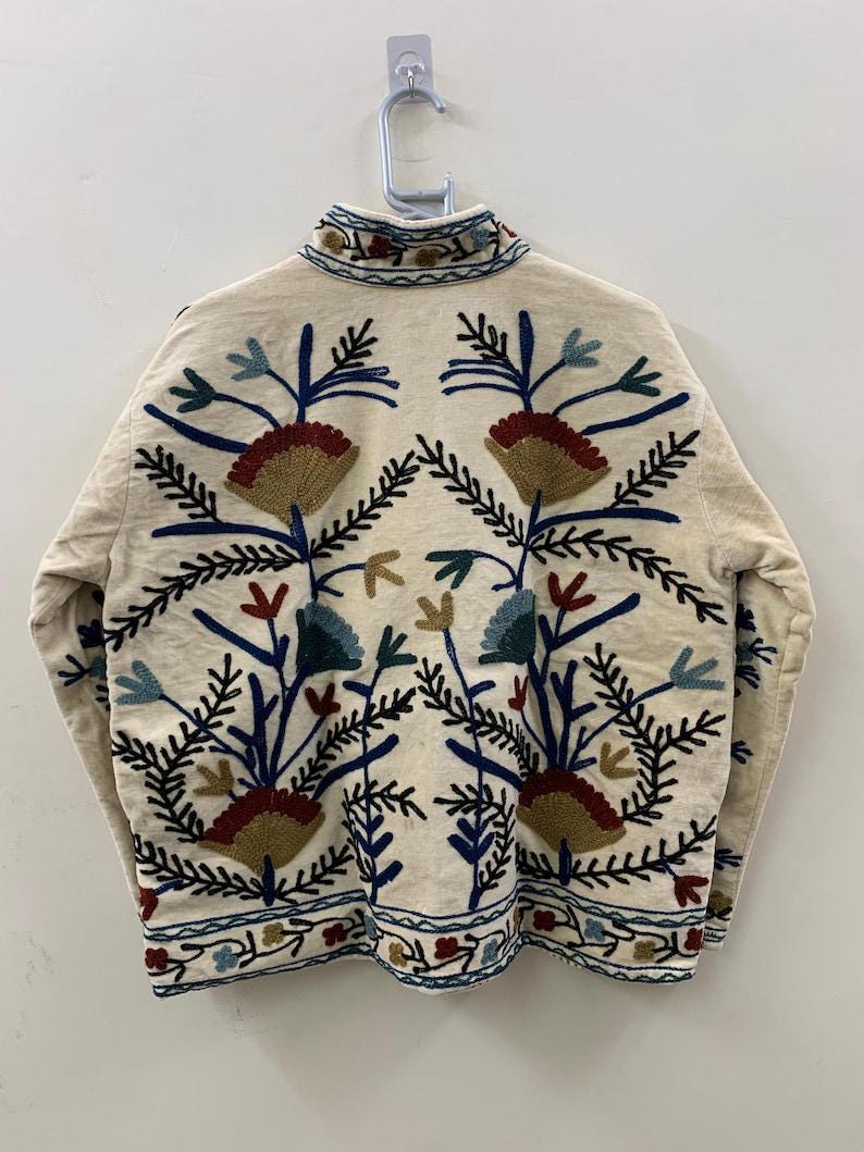 White Velvet Suzani Jacket – Hand-Embroidered Boho Ethnic Kimono Outerwear Bohozani