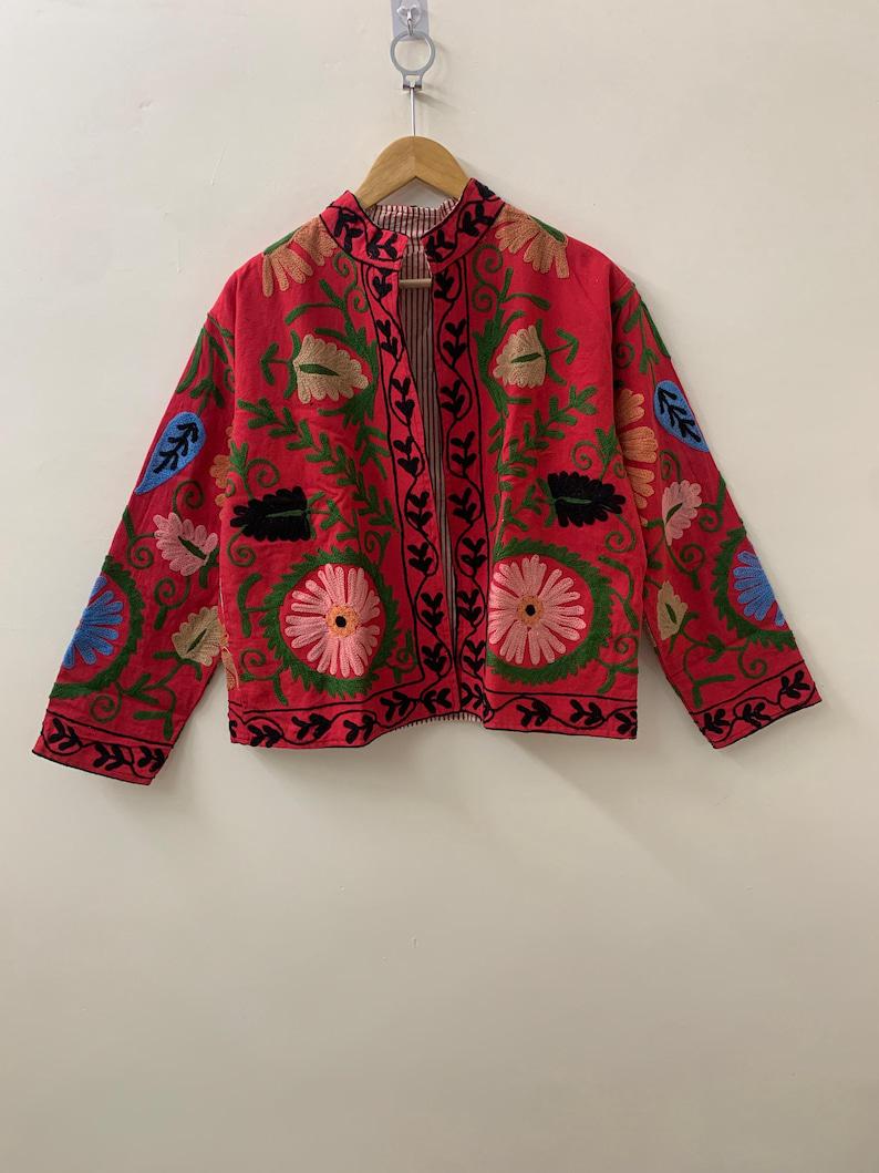 Red Suzani Embroidered Velvet Jacket – Boho Floral Kimono Coat Bohozani