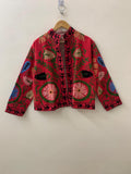 Red Suzani Embroidered Velvet Jacket – Boho Floral Kimono Coat Bohozani