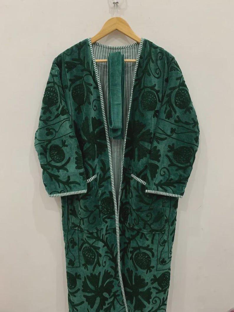 Hand-Embroidered Velvet Suzani Kimono Robe | Boho Floral Uzbek Duster Jacket Bohozani