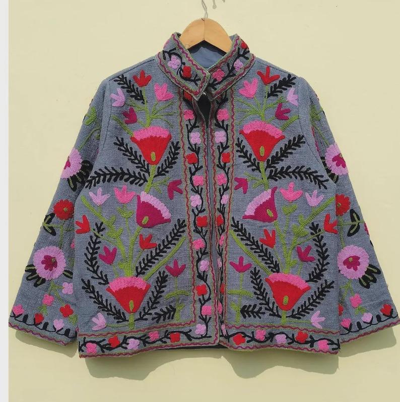 Embroidered Cotton Velvet Suzani Jacket | Bohemian Floral Folk Art Outerwear Bohozani